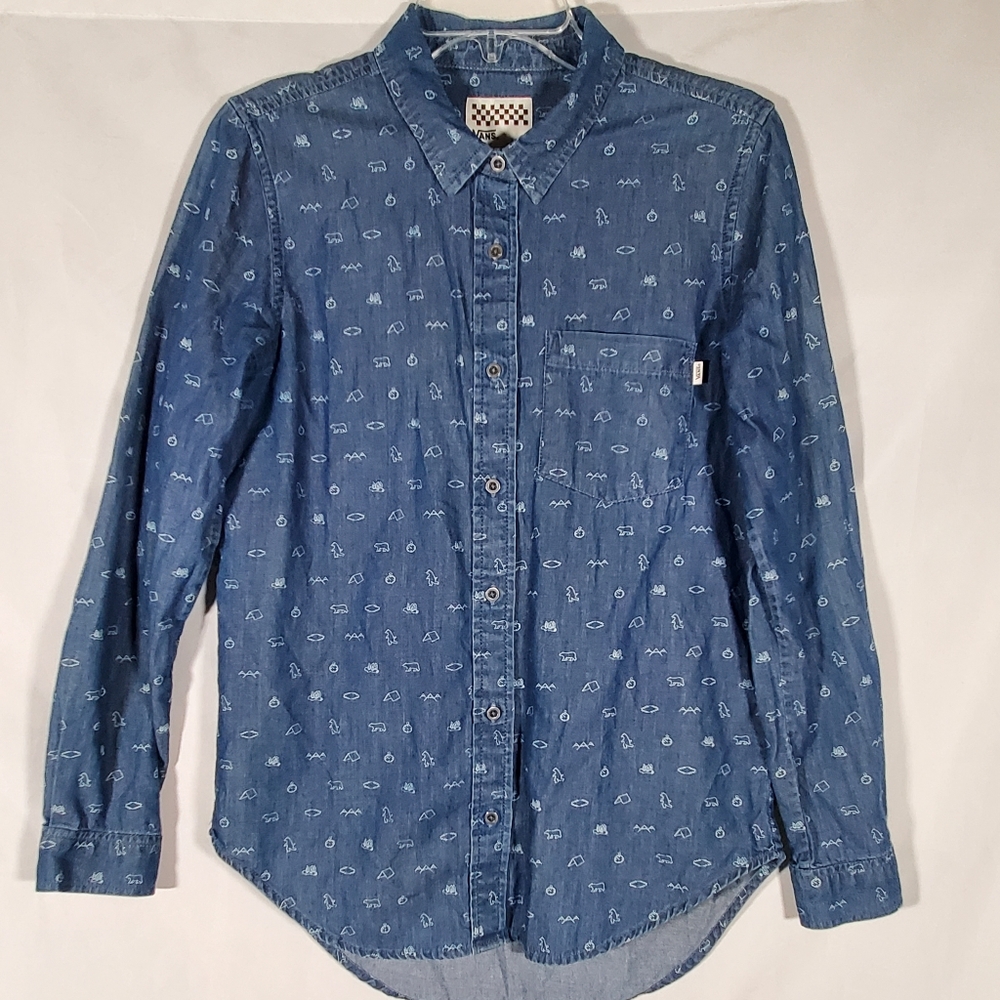 VANS OFF THE WALL BEARS TENT CAMPING BLUE GRAPHIC BUTTON UP POCKET SHIRT